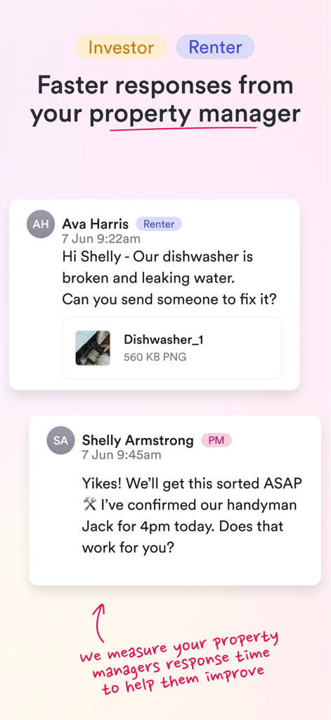 Ailo - Messaging interface in the Ailo app showing a renter and property manager communicating about a maintenance request