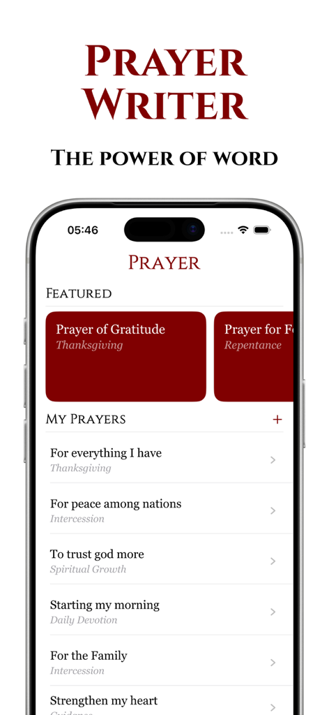 Biblearn+™ KJV: AI Bible Study - Smartphone screen showing the Prayer Writer feature with a list of personalized prayers in the Biblearn app.