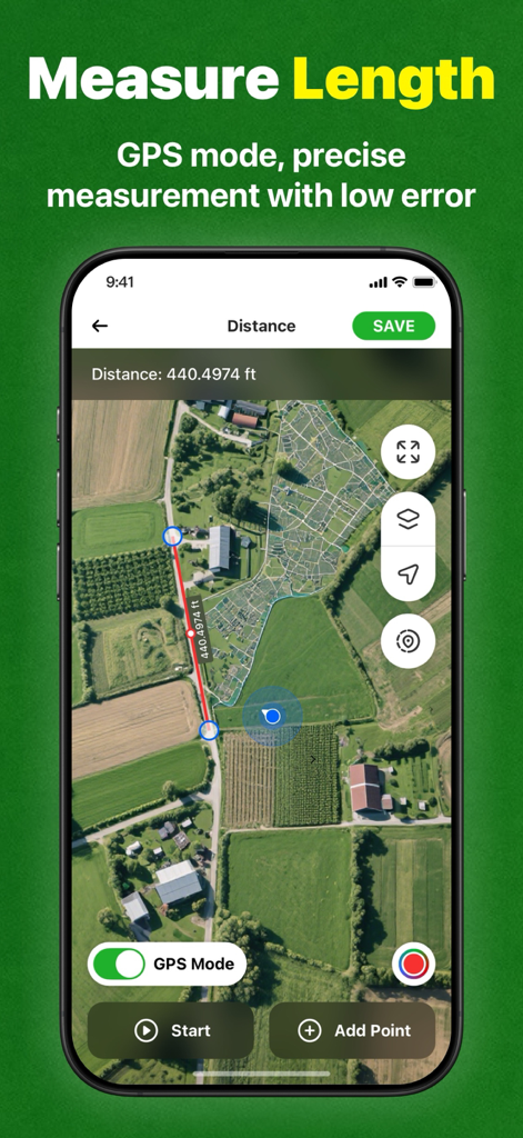 Uma captura de tela do aplicativo GPS de Trator para Orientação de Campo PRO mostrando o recurso de medição de comprimento em um mapa de satélite de campos agrícolas.