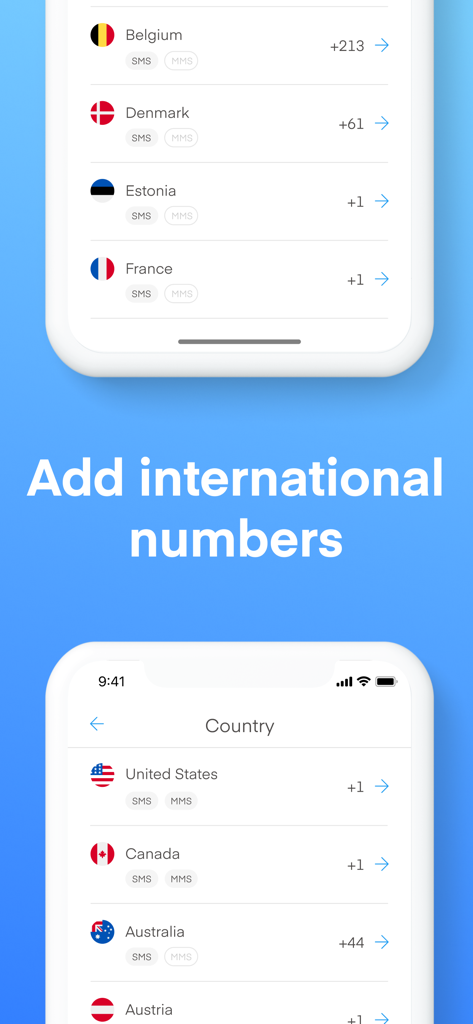 Text Vault - Texting App - Text Vault app interface showing a list of international phone numbers for SMS and MMS messaging from various countries like USA, Canada, and Australia