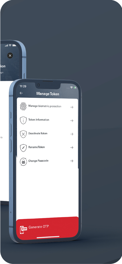 SAB iCorp - Interfaz de la aplicación móvil SAB iCorp que muestra opciones para la gestión de tokens de seguridad, protección biométrica y generación de OTP