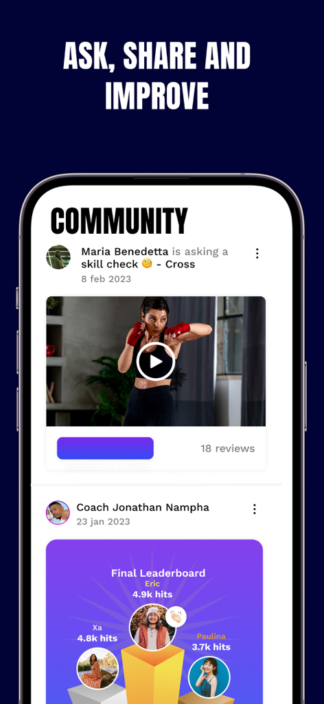 PunchLab: Boxing Workout - PunchLab app community feed showing a user boxing video for skill check and a final workout leaderboard