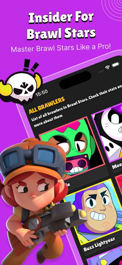 Insider for Brawl Stars - Interfaz de la aplicación Insider para Brawl Stars que muestra una lista de brawlers y una ilustración de personaje