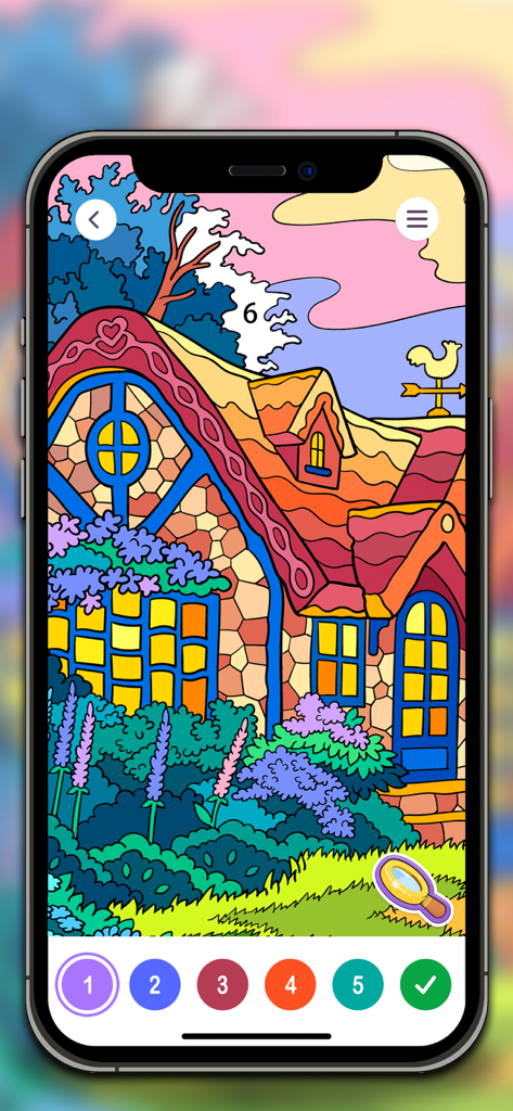 A colorful cottage and garden scene in the ColorPlanet paint by number mobile app interface.