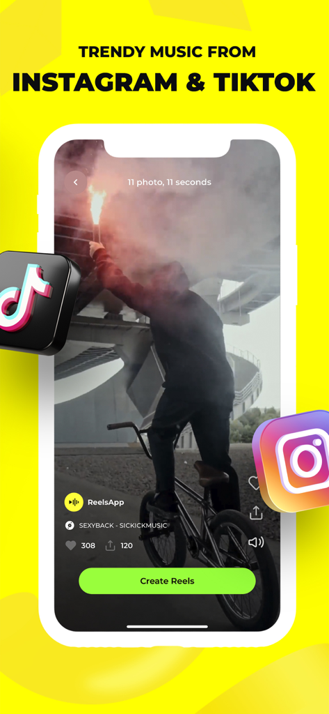 Reelsapp: reel & video editor - A smartphone showing Reelsapp interface with trending music from Instagram and TikTok for video editing