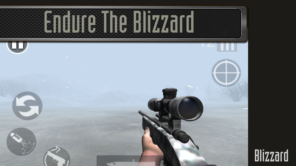 Blick aus der Ego-Perspektive eines Scharfschützengewehrs, das auf ein verschneites Blizzardfeld im Sharp Shooter Zombie Hunter Mobile Game gerichtet ist