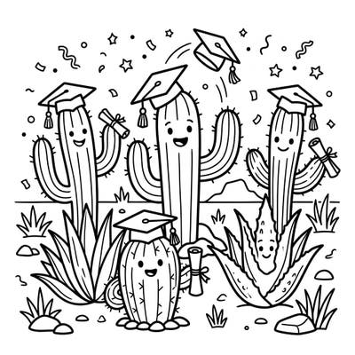 Join a cheerful band of desert plants, including adorable cacti and an agave, as they joyfully celebrate their graduation! This unique coloring page captures the spirit of accomplishment and fun, perfect for celebrating academic milestones.