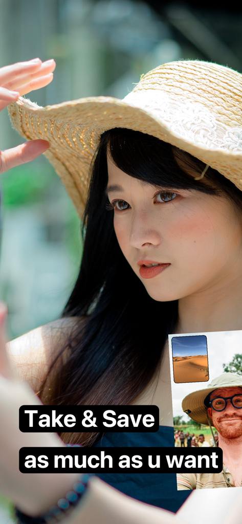 A woman capturing a dual camera photo with a text overlay about saving photos