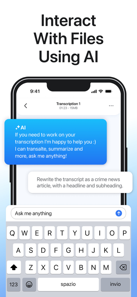 Say: Instant Audio Translator - Pantalla móvil de la aplicación SAY que muestra una interfaz de chat de IA para interactuar con archivos de audio y transcripciones