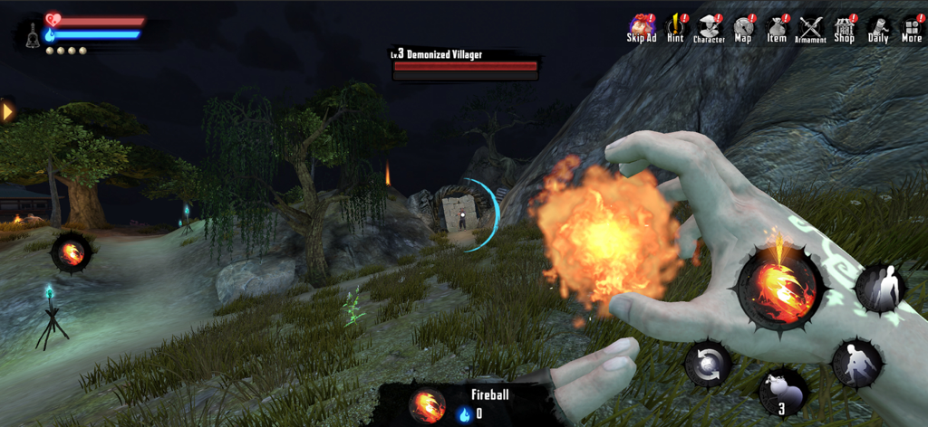 Endless Nightmare 6: Reborn - First person perspective gameplay showing a character casting a fireball spell in a dark outdoor setting from Endless Nightmare 6 Reborn