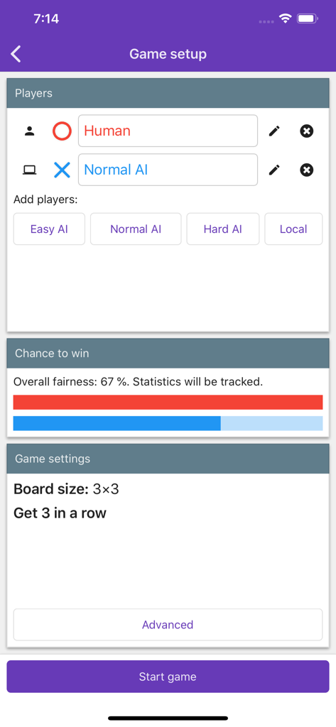Tic Tac Toe Collection - Game setup screen for Tic Tac Toe Collection showing player selection, AI difficulty options, and board size settings.