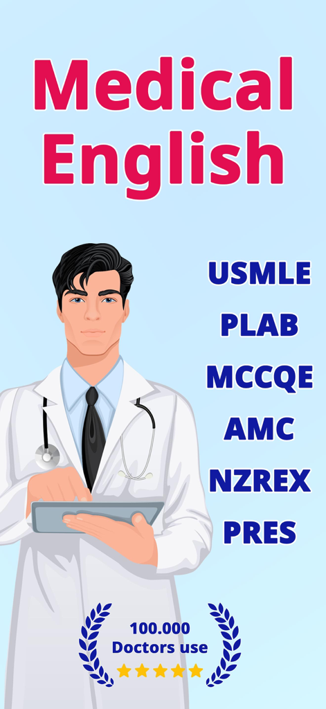 Medical English: Learn Words - Médecin tenant une tablette avec une liste d'examens de certification médicale comme l'USMLE et le PLAB pour l'étude de l'anglais