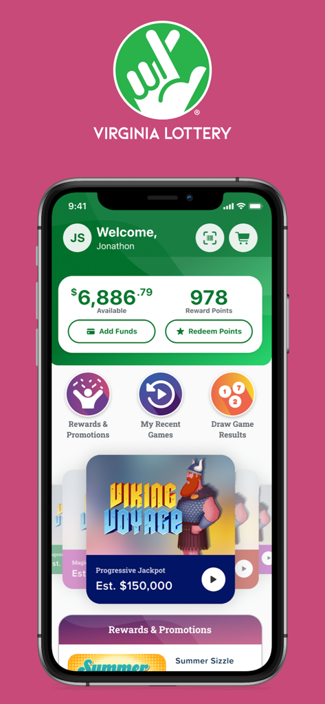 Virginia Lottery app home screen showing account balance reward points and Viking Voyage game