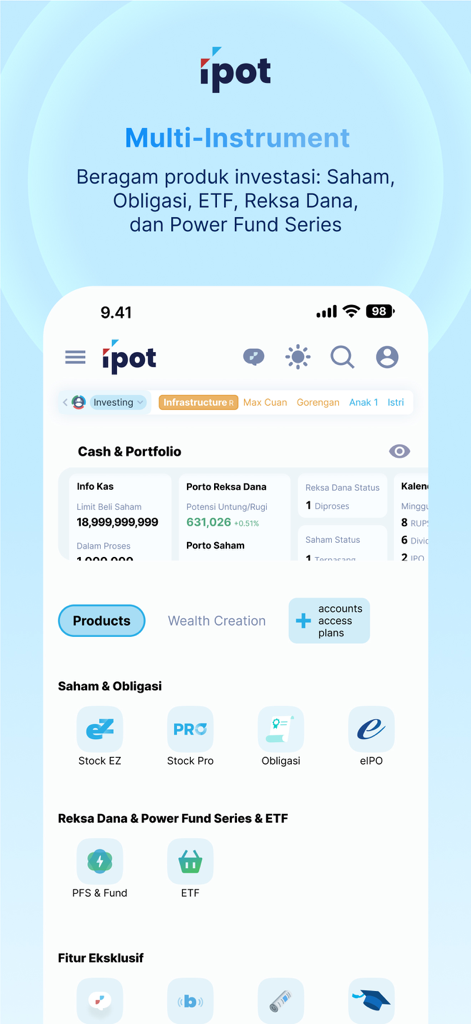 IPOT app interface showcasing diverse investment products including stocks, bonds, and mutual funds.