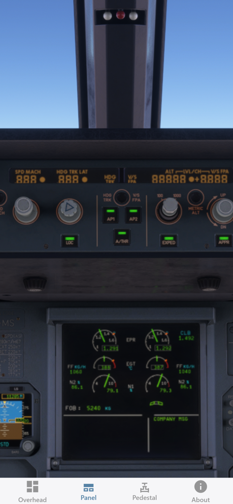 Close up view of the A320 flight control unit and engine warning display in the cockpit