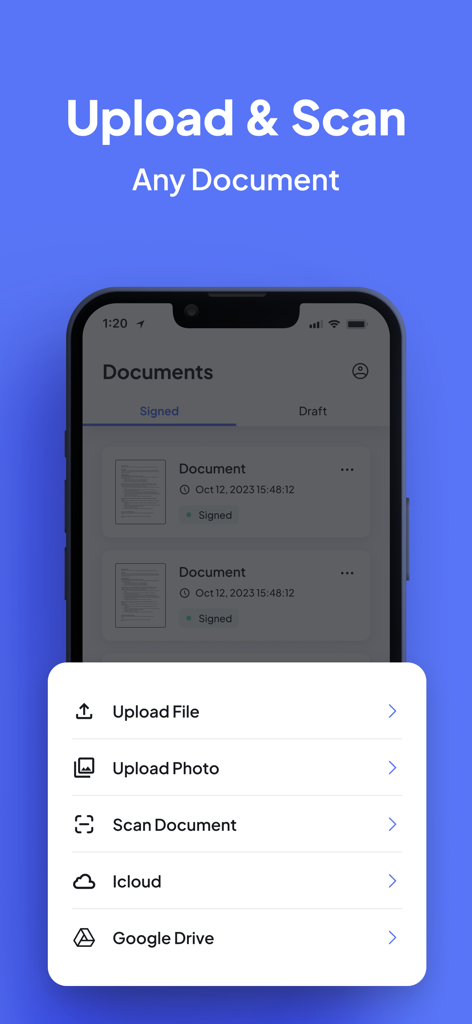 Interface of the SignDocu app showing options to upload files, scan documents, and import from iCloud or Google Drive.
