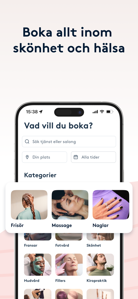 Bokadirekt mobile app home screen showing search options and categories for booking beauty and health services