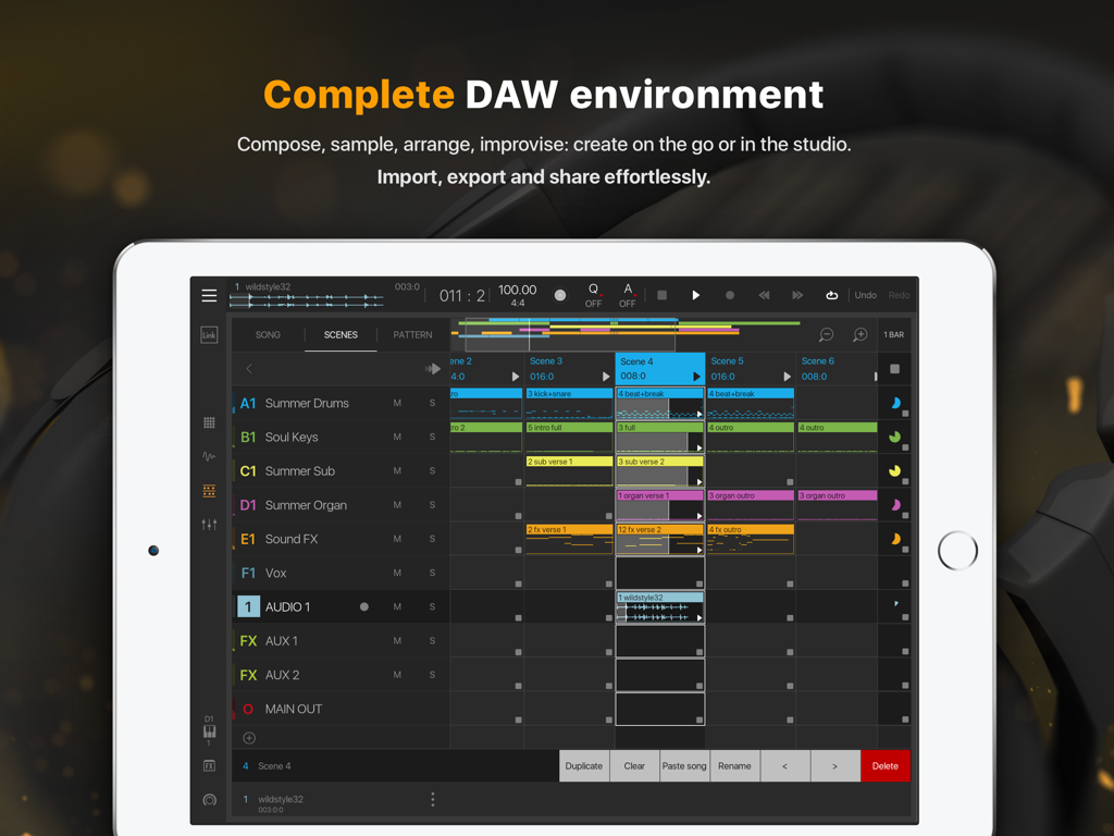 Interfaz de la aplicación BeatMaker 3 en iPad mostrando la disposición musical y el modo escena para producción profesional