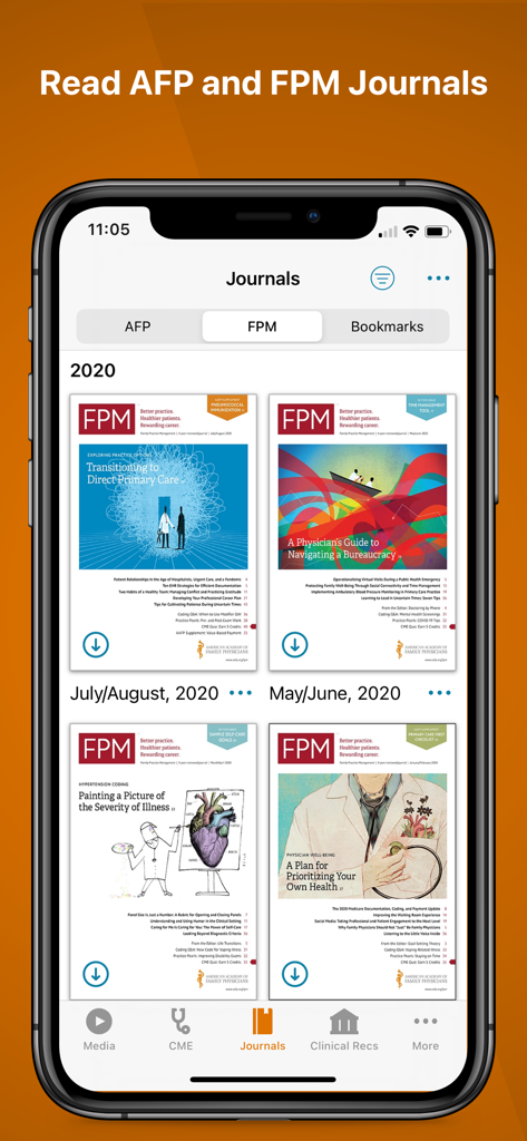 AAFP - AAFP mobile app displaying a digital library of Family Practice Management journals