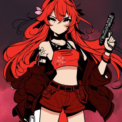 bad girl wearing crop top holding a gun long hair anime
