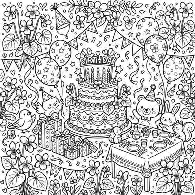 Dive into a delightful celebration with this charming wild violets birthday party coloring page! It's brimming with festive elements, cute animals, and beautiful florals, perfect for bringing vibrant colors to life.