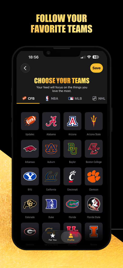 Recapp Sports Highlights - The Recapp app interface showing a list of college football teams for users to select and follow to customize their sports highlight feed.
