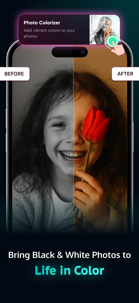 AI Image Generator - AI Tools - Comparación antes y después de una foto en blanco y negro de una niña sosteniendo una flor roja, coloreada por IA.