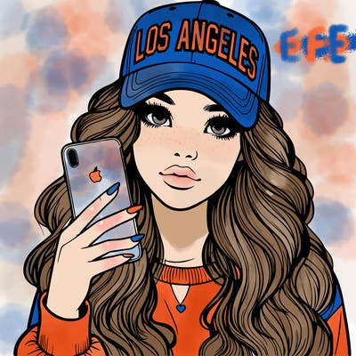 realistic beautiful girl wearing los ángeles cap holding an iphone