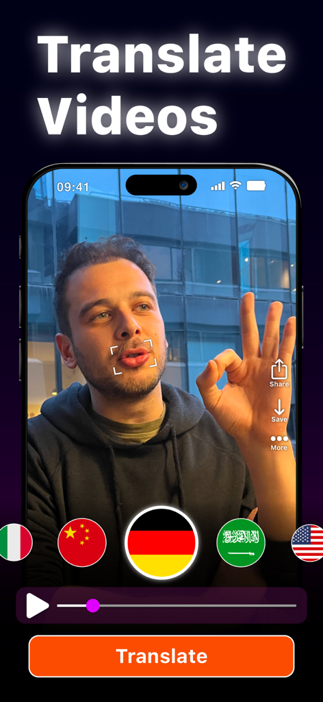 Eine mobile App-Oberfläche für AiDub zeigt ein Video eines Mannes mit einem Lippen-Synchronisations-Fokusfeld und nationalen Flaggen-Symbolen zur Auswahl der Übersetzung.