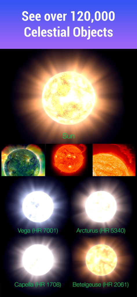 Star Walkアプリのインターフェースで、太陽やベガ、ベテルギウスなどの恒星を表示。
