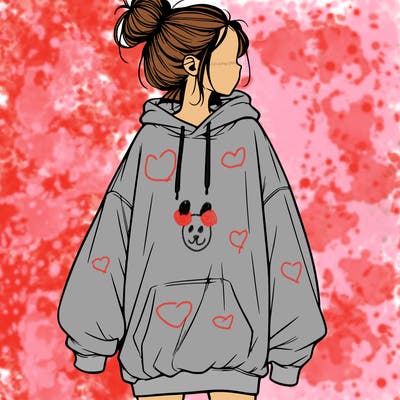 realistic girl with a oversized sweatshirt on and a bun