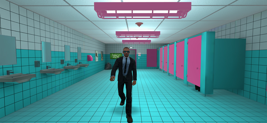 Toilet 8 - A man in a suit walking through a brightly lit bathroom with pink stalls and turquoise tiles.