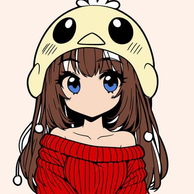 anime girl with chick shaped hat with sweater with bare shoulders with bangs covering them one eye with low tail
