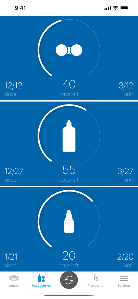 Dashboard der Kontaktlinsen Tracker App mit Anzeige der verbleibenden Tage für Kontaktlinsenlösung und Augentropfen.