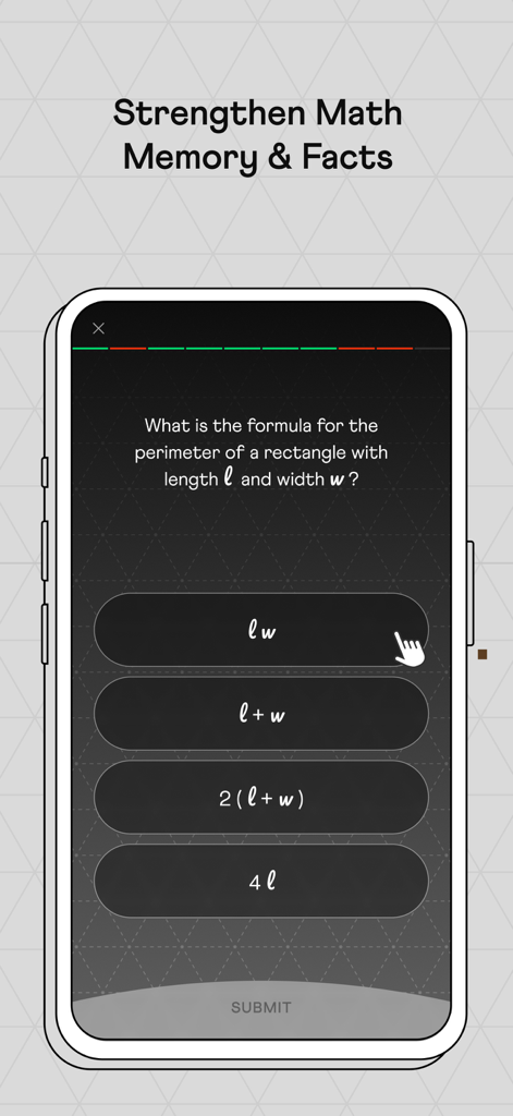 Cuemath: Math Learning & Games - Cuemath app screen showing a geometry quiz question about the perimeter formula of a rectangle