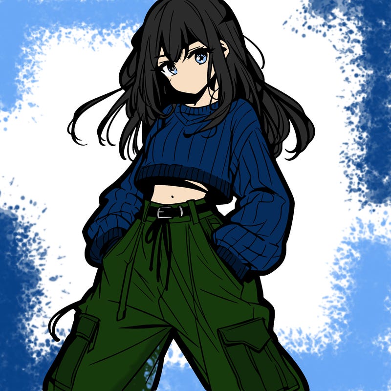 anime teen girl with baggy pants and crop top with sweater