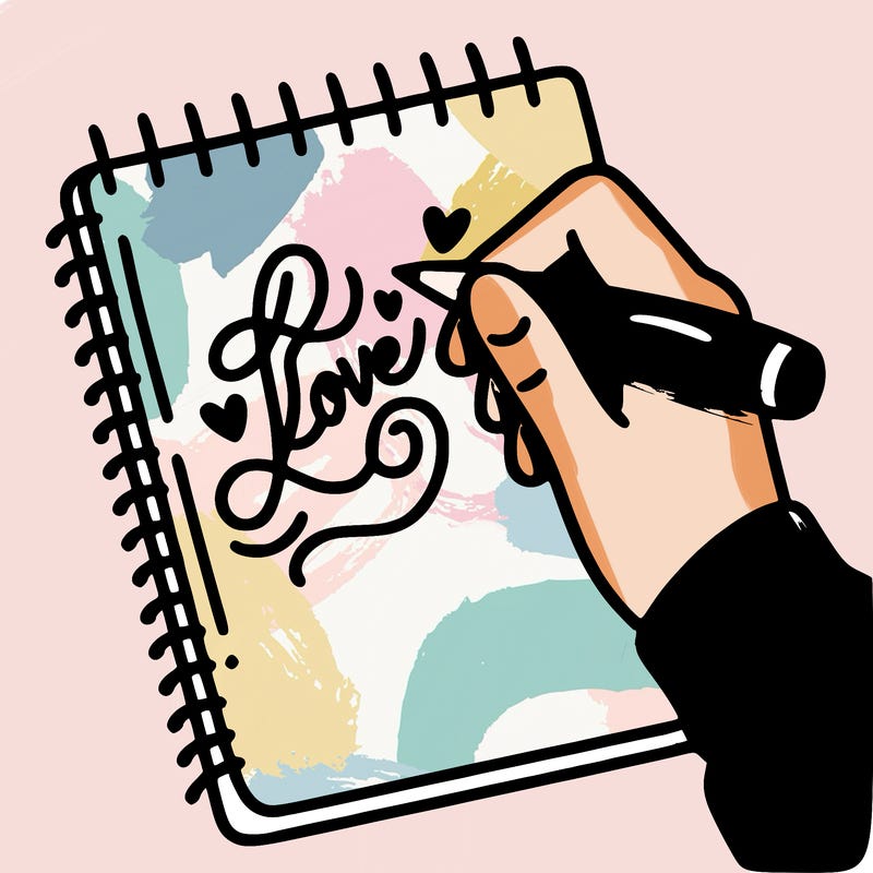 a hand writing “love” in calligraphy on a notebook