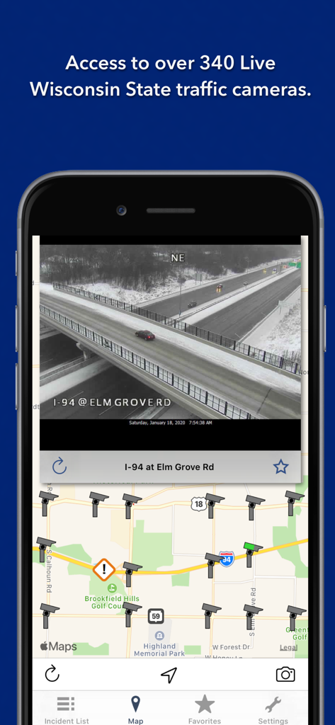 Wisconsin State Roads - Wisconsin State Roads app displaying a live camera feed of a snowy I-94 highway and a traffic map with camera icons