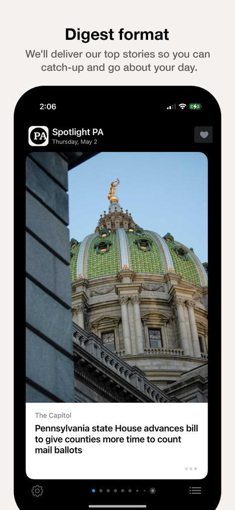 Spotlight PA mobile app interface showing a news digest article about Pennsylvania state government