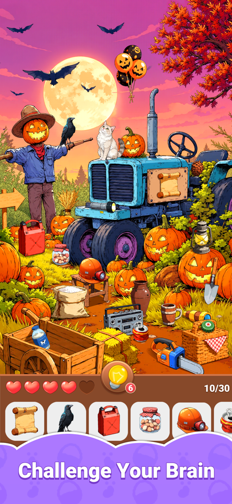 Hidden Quest: Seek & Discover - Una vibrante escena de juego de objetos ocultos con temática de Halloween que presenta un tractor y calabazas.