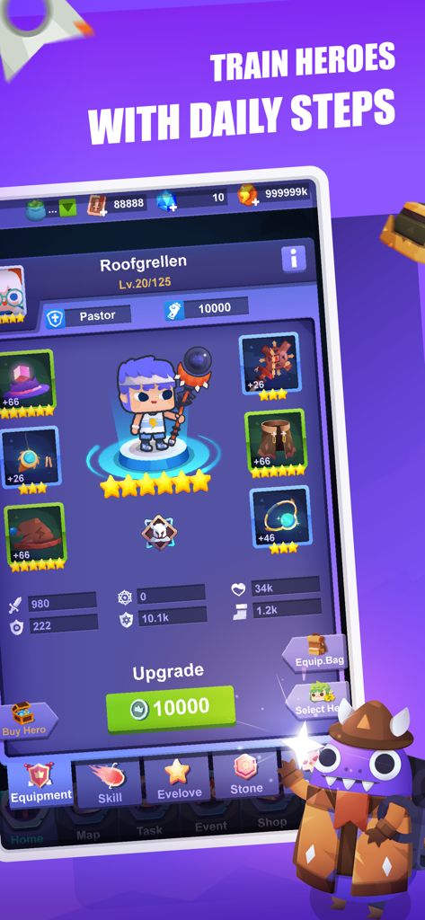 Fitness RPG: Hero health game - Interface of Fitness RPG showing a hero character and options to train with daily steps