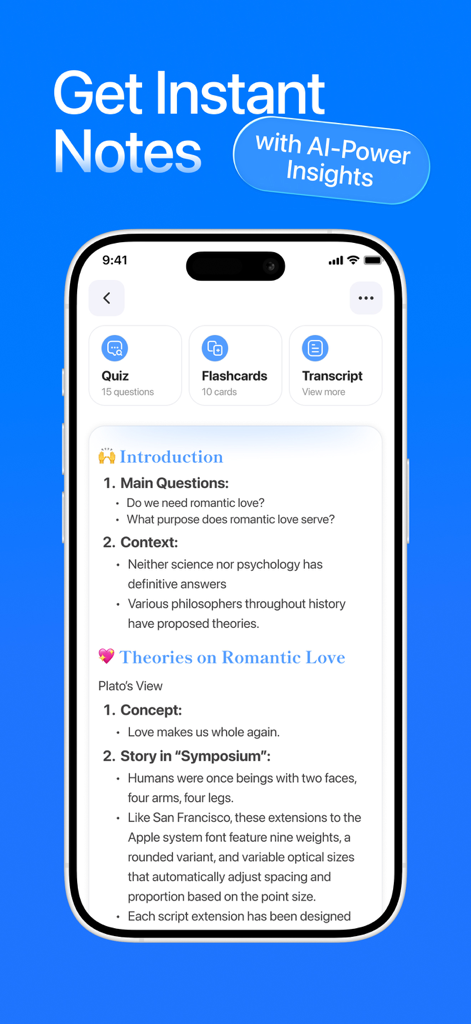 iPhone screen showing Mino app AI generated lecture notes with flashcards and quiz options.