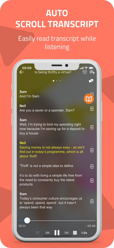 Mobile app screen showing the auto scroll transcript feature for English conversation lessons