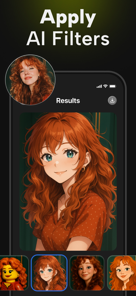 Interface of PhotoApp showing an AI anime filter applied to a photo of a woman