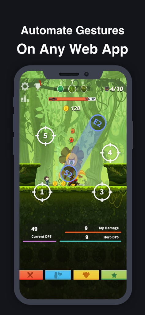 Auto Clicker - Auto Tapper App - Mobile screenshot showing an auto clicker app with multiple click points and swipe path automation on a jungle themed game