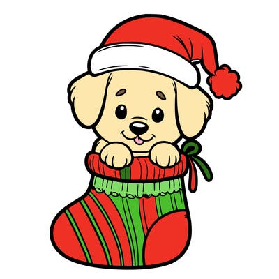cute puppy wearing santa hat in socking