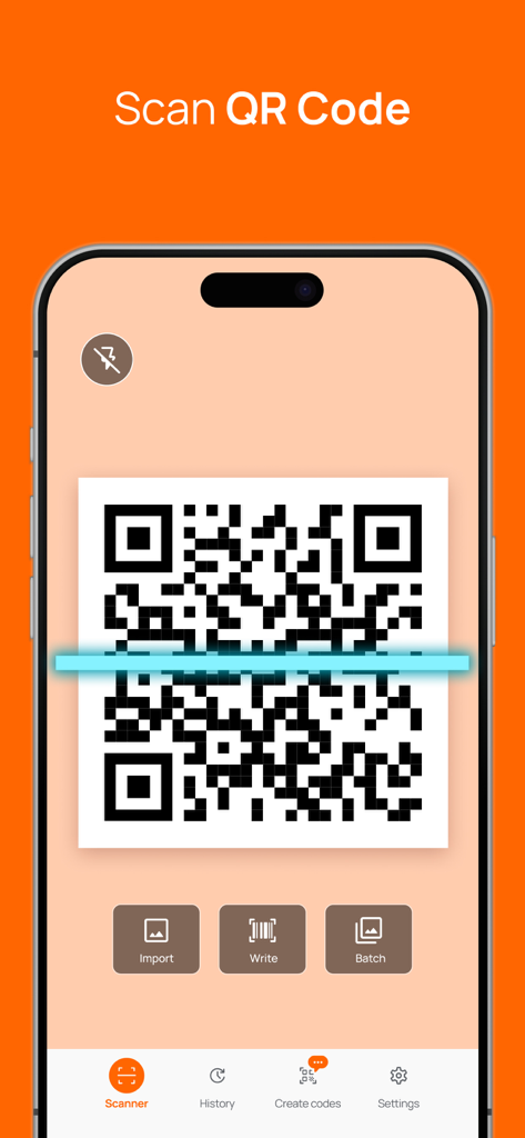 Mobile app interface showing a QR code being scanned on a smartphone