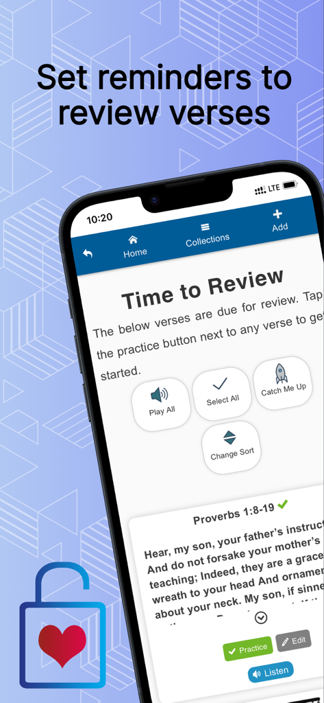 Bible Memory VerseLocker app interface showing the verse review and reminders feature