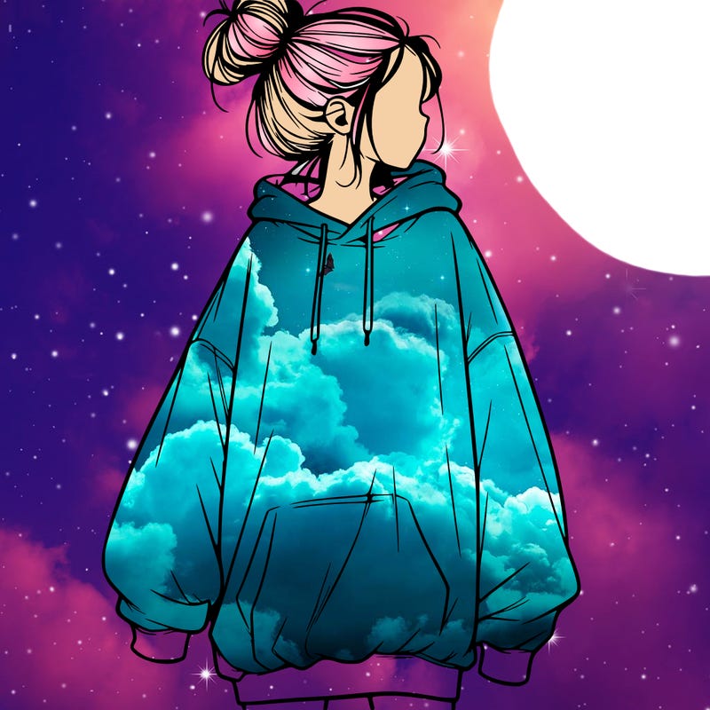 realistic girl with a oversized sweatshirt on and a bun
