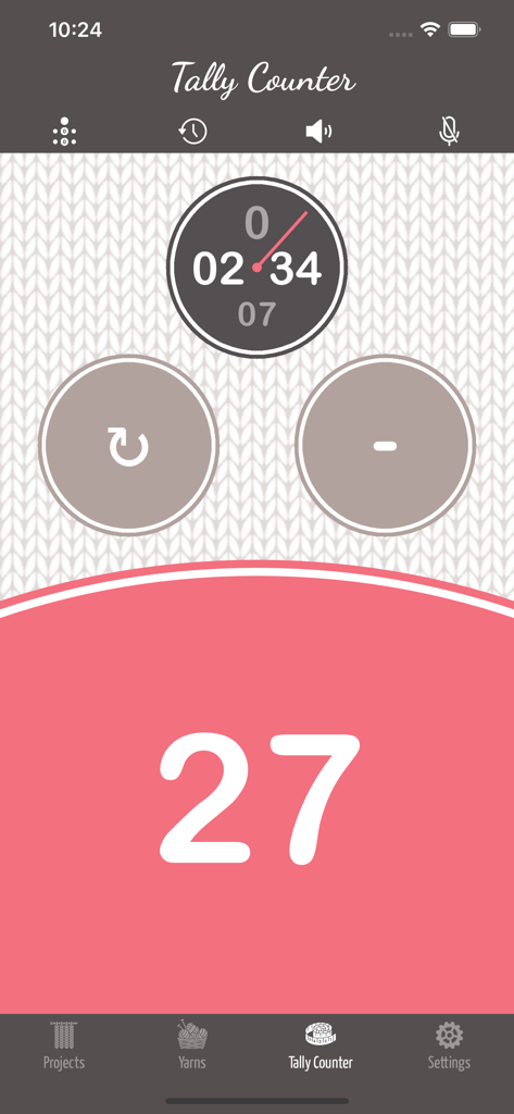 Yarnal - Knitting & Crochet - The tally counter screen of the Yarnal app showing a row count of 27 with voice command and timer features